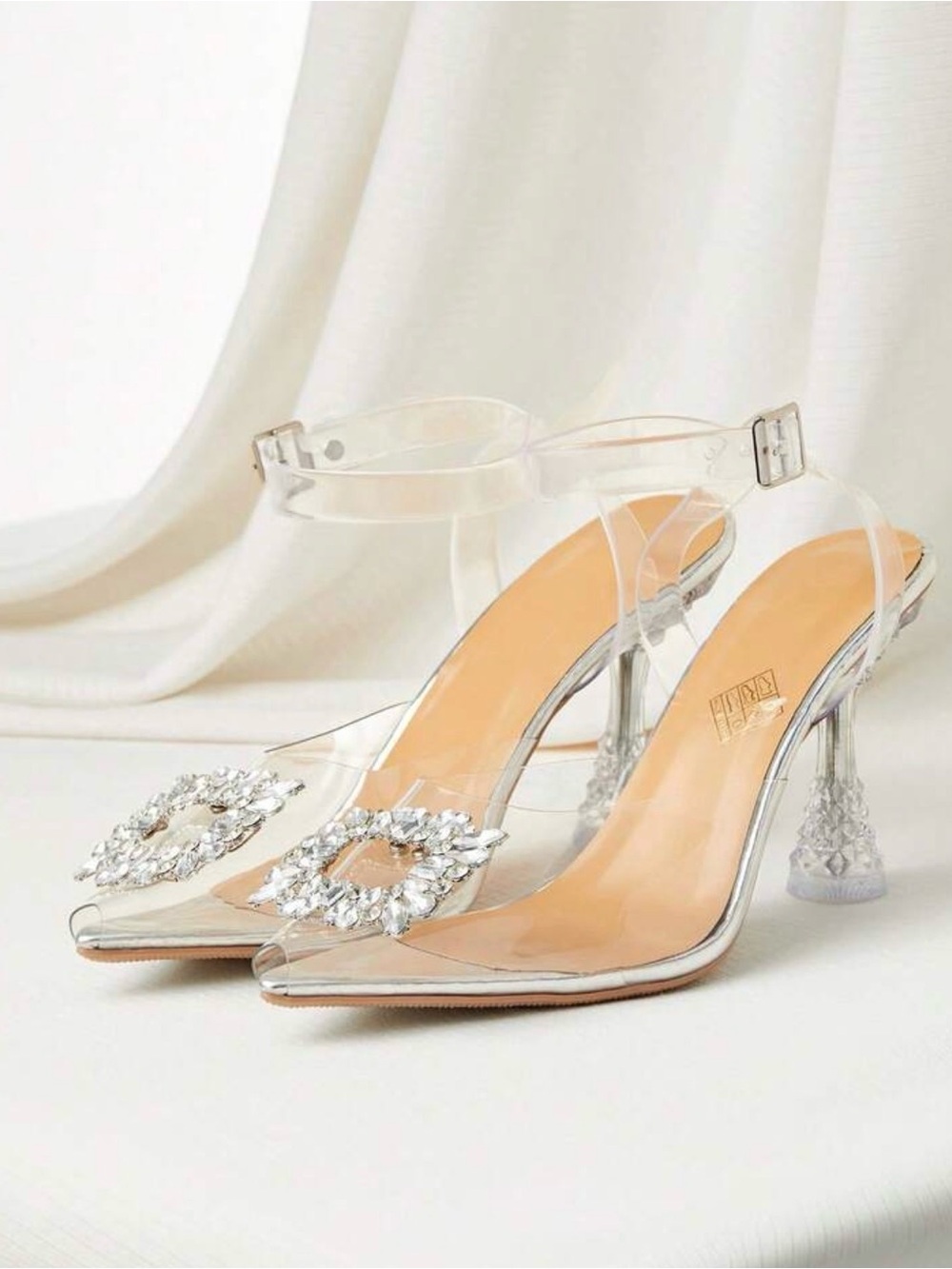 Clear Crystal Buckle Slingback Heels in Transparent/Beige